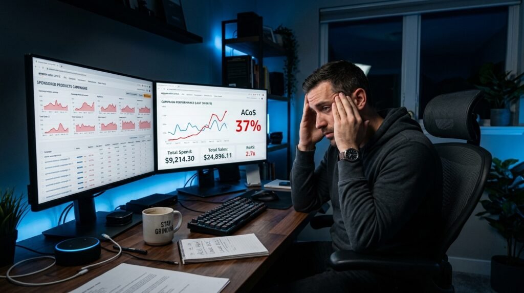 Amazon seller reviewing a red 37% ACoS metric on a PPC dashboard, frustrated at rising ad costs