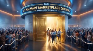 Golden door opening to Walmart Marketplace opportunity in 2026 with early-mover sellers walking through